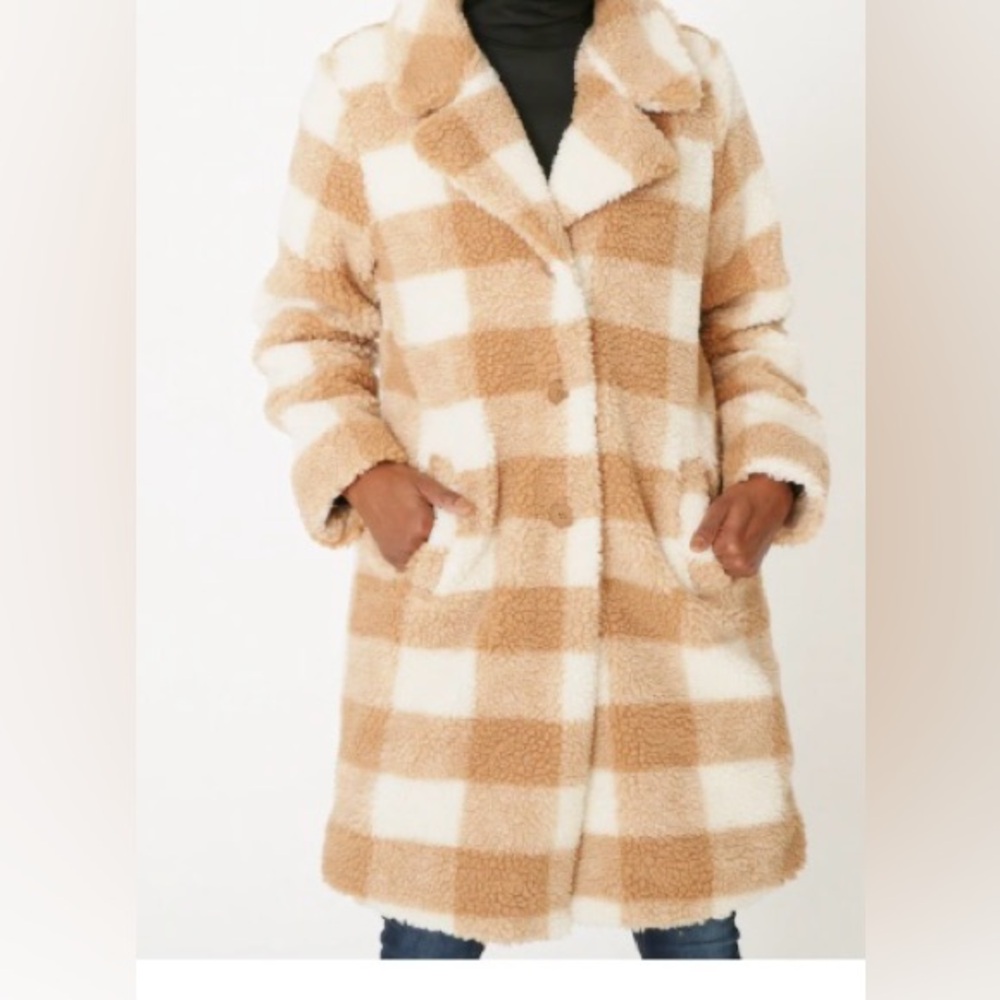 Worn once. Cozy Tan and White Checkered Women's Coat.